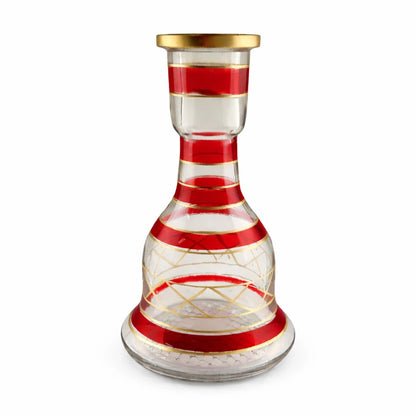 Decorative glass hourglass with red and gold stripes on a white background
