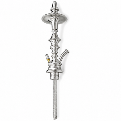 A polished silver metal hookah set with a long stem, a round top bowl, a curved mouthpiece, and a small yellow accent piece, shown against a plain white background.