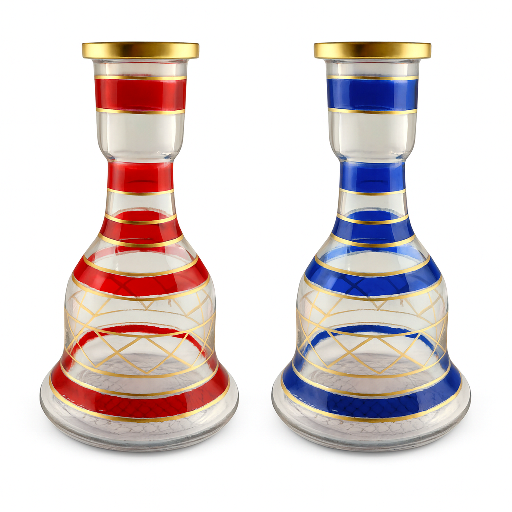 Two glass hookah bases—one red, one blue—with gold accents, side by side on white background.
