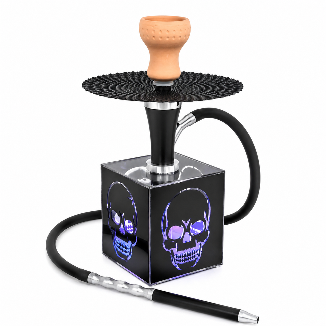 A black hookah set with a glossy cube base featuring illuminated purple skull graphics, a black patterned head ring, a terracotta-colored bowl, and a black hose with a silver-and-black mouthpiece, shown on a white background.
