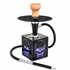 A black hookah set with a glossy cube base featuring illuminated purple skull graphics, a black patterned head ring, a terracotta-colored bowl, and a black hose with a silver-and-black mouthpiece, shown on a white background.