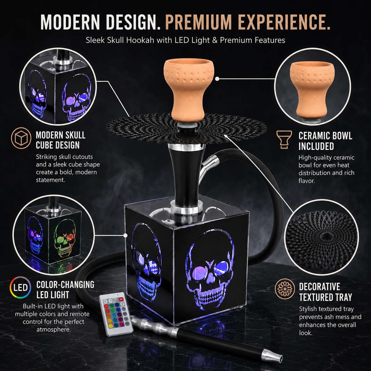 A hookah set with a black skull-shaped base, terracotta-colored ceramic bowl, and matching skull-patterned mouthpiece, shown on a dark reflective surface with callout circles and text explaining features like the changing LED light and textured tray.