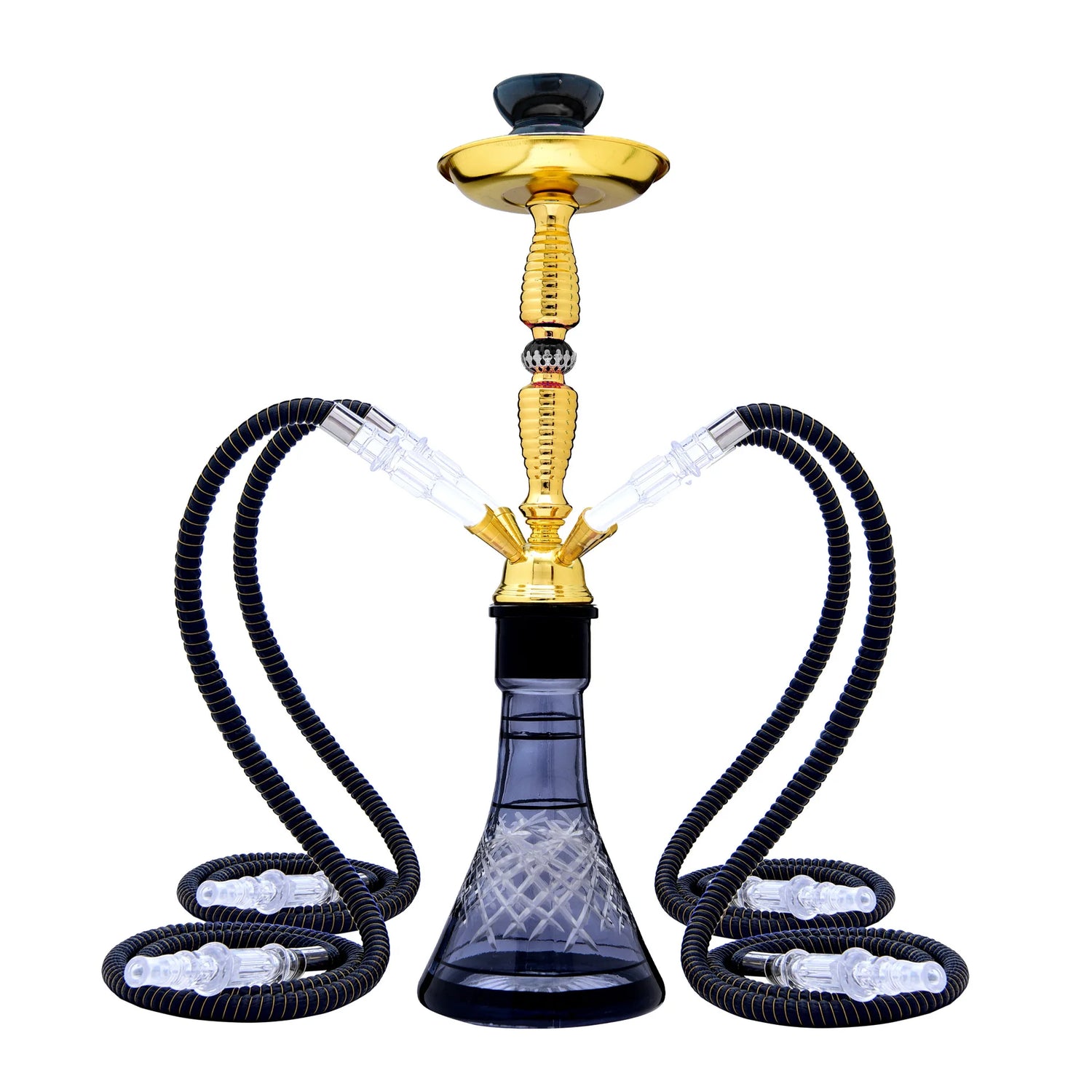 Elegant multi-color double hose shisha with premium gold stem and dark glass base.