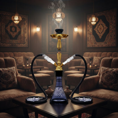 Complete hookah set featuring gold stem, two hoses, and decorative glass base.