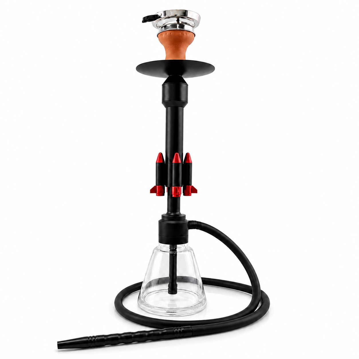 22-inch black and red rocket design 1-hose hookah with glass vase, silicone hose, clay bowl and head screen on white background.