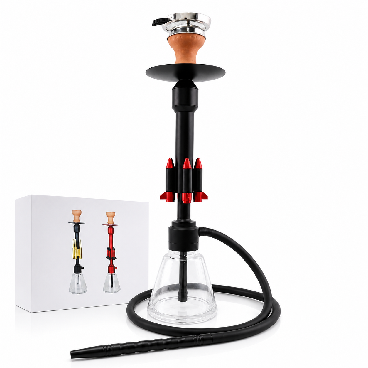 A modern hookah set featuring a black metal stem with red accents, a clear glass bowl, a black hose, and a silver mouthpiece with a brown mouthpiece. A white product box is shown in the background on a clean white studio backdrop.