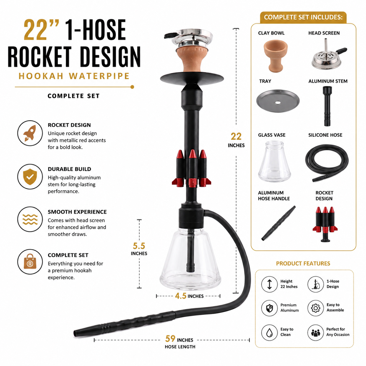 A product infographic for a 22-inch 1-hose Rocket Design hookah waterpipe, showing the assembled product with labeled dimensions, included accessories, and feature callouts on a white background.