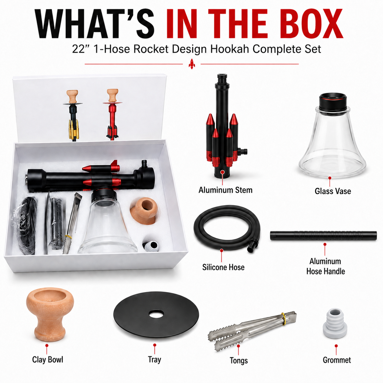 Hookah set contents arranged on a white background with a labeled box and callout lines. The set includes a black and red aluminum stem, glass vase, silicone hose, aluminum hose handle, tray, clay bowl, tongs, grommet, and accessories, under the heading &