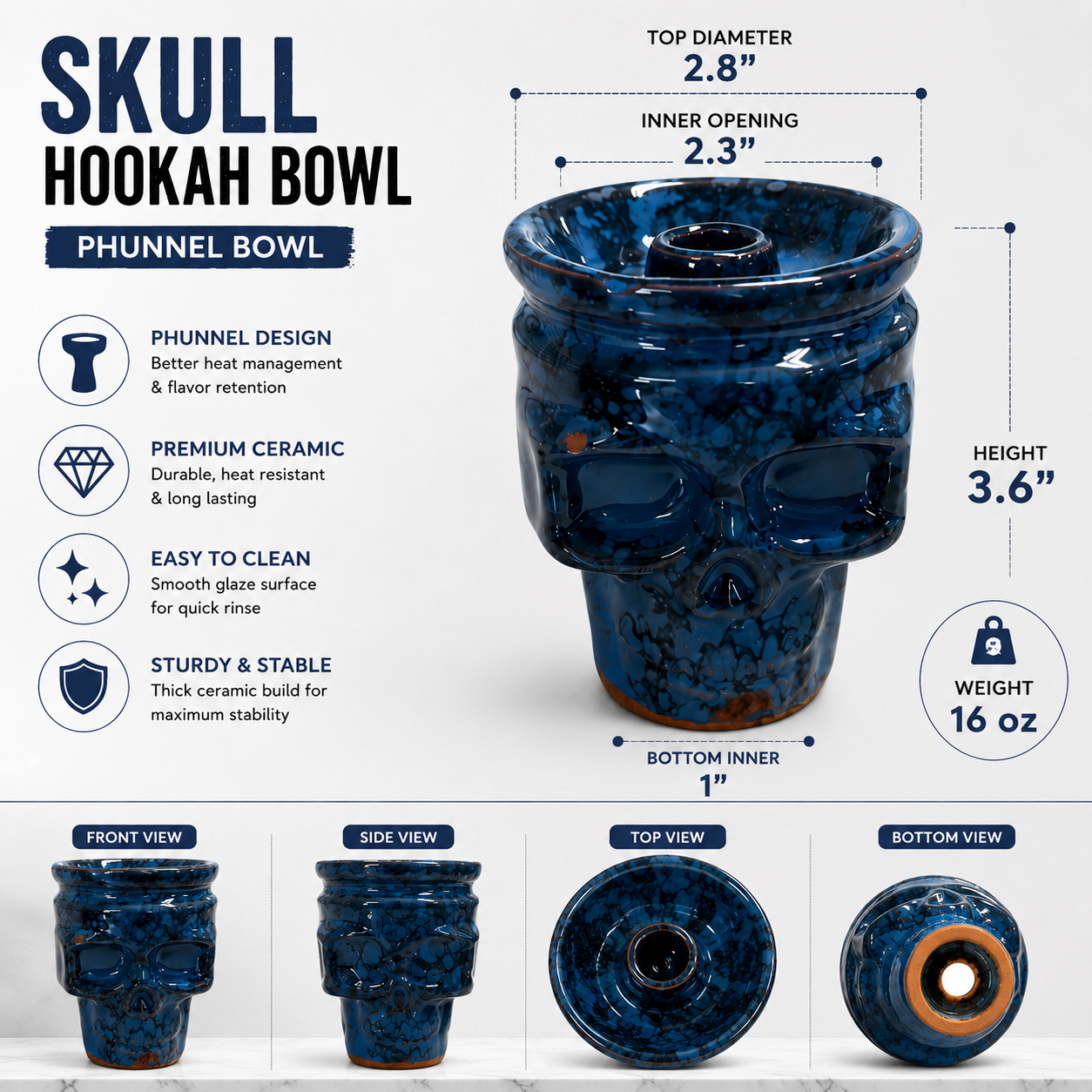 Blue glazed ceramic skull hookah bowl with dimension callouts, weight info, and front/side/top views on a white infographic background.