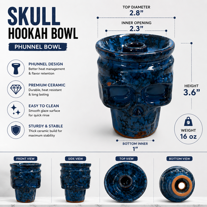 Blue glazed ceramic skull hookah bowl with dimension callouts, weight info, and front/side/top views on a white infographic background.