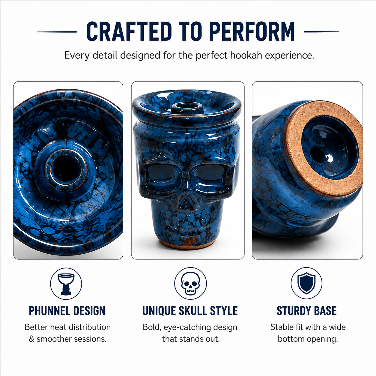 Three close-up views of a blue glazed hookah skull bowl with text reading &