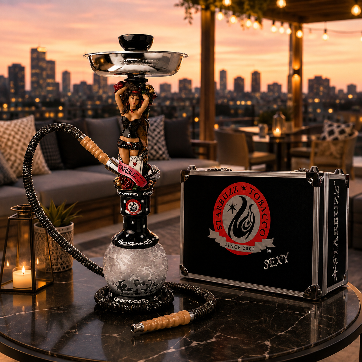 Starbuzz Sexy Ladies black hookah and carrying case on an outdoor rooftop patio