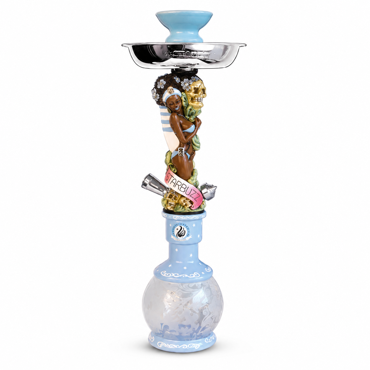 A decorative hookah with a light blue glass base, a silver metal bowl, and a central column featuring a colorful illustration of a skull and a woman with dark hair. A pink banner on the column reads &
