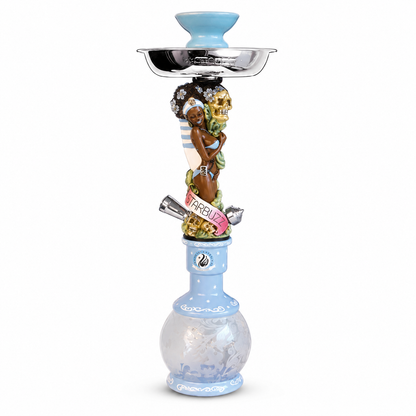 A decorative hookah with a light blue glass base, a silver metal bowl, and a central column featuring a colorful illustration of a skull and a woman with dark hair. A pink banner on the column reads &