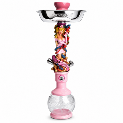 A pink and silver hookah with a decorative figurine of a woman in a pink dress, a pink banner reading &