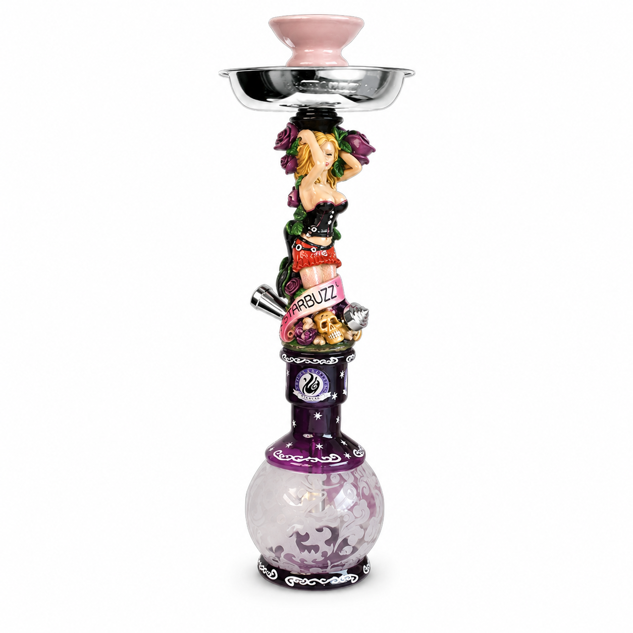 A decorative hookah with a purple glass base, a pink bowl, and a sculpted figurine featuring a woman, skulls, and the word &