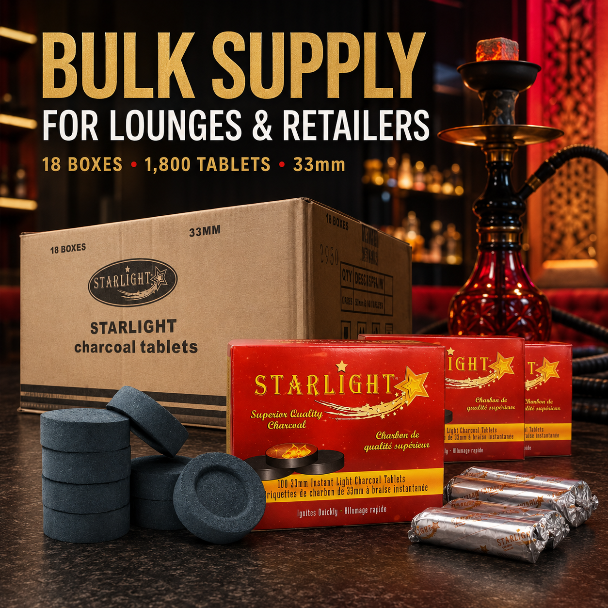 Starlight 33mm instant-light charcoal master case displayed for hookah lounge and retail bulk use