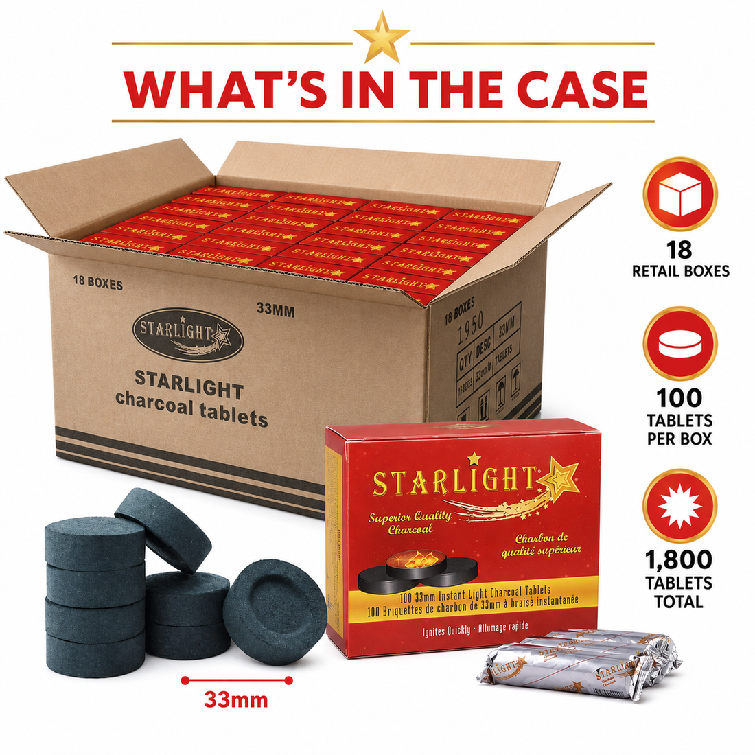Open Starlight 33mm charcoal master case containing 18 retail boxes with 100 tablets per box