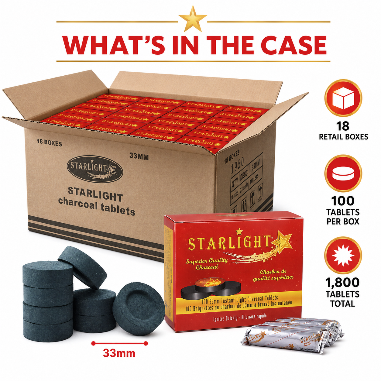 Open Starlight 33mm charcoal master case containing 18 retail boxes with 100 tablets per box