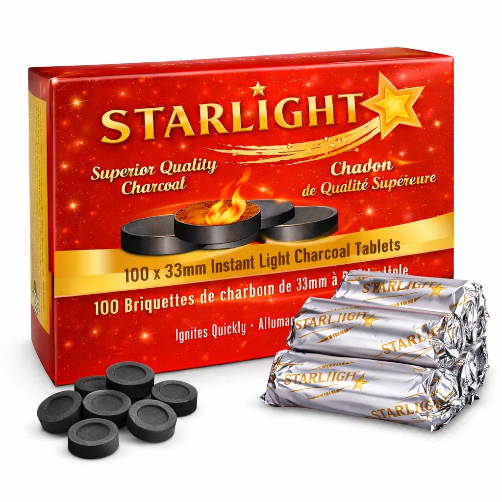Starlight 33mm instant-light charcoal box, rolls and tablets displayed with a hookah and incense burner