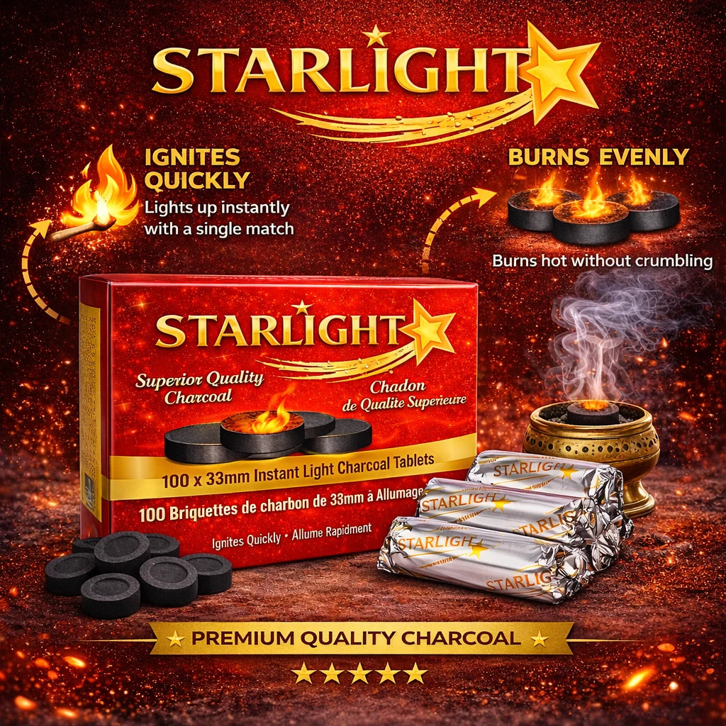 Starlight 33mm charcoal box and wrapped rolls with graphics showing quick ignition and even burning