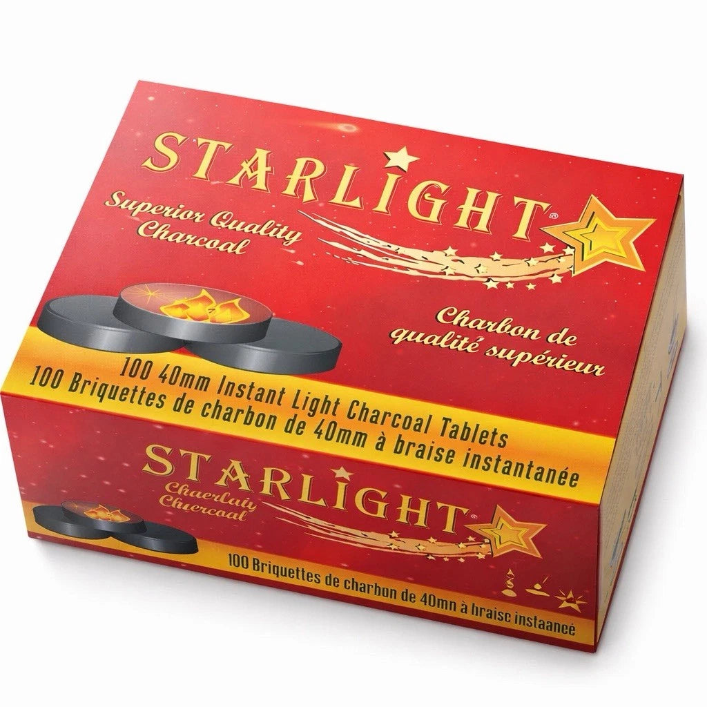 Red and gold Starlight 40mm instant-light charcoal box with foil-wrapped rolls and round tablets, 100 tablets total
