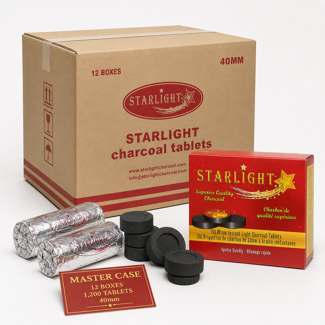 Starlight 40mm instant-light charcoal master case with 12 boxes and 1,200 tablets total