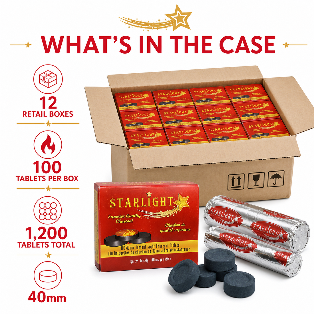Open Starlight 40mm charcoal master case containing 12 retail boxes with 100 tablets per box