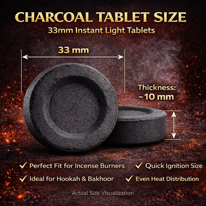 Starlight round charcoal tablet measuring 33mm wide and approximately 10mm thick