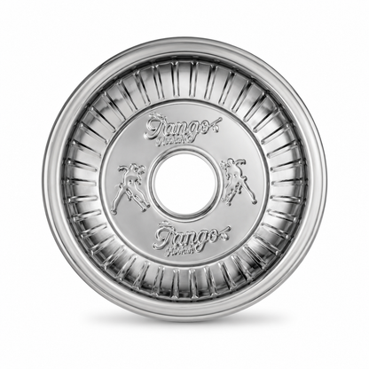 A polished silver metal Tango dance mat shown from a top-down perspective on a clean white background.