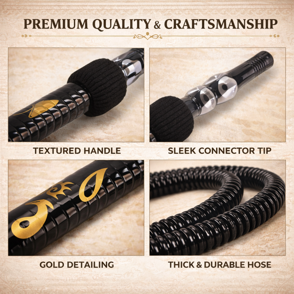 Product with textured handle, sleek connector tip, gold detailing, and thick durable hose on a beige background.
