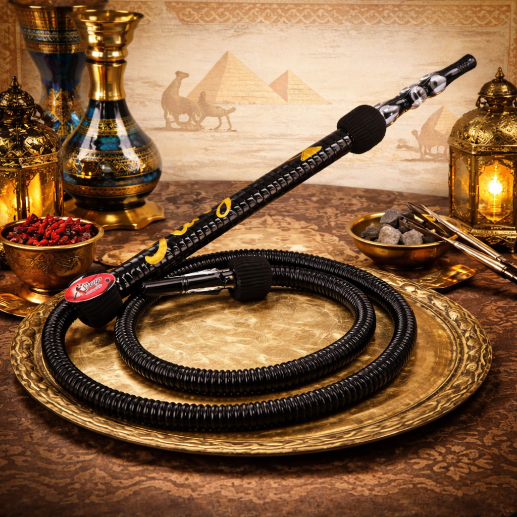 Hookah hose on a decorative tray with hookah accessories in the background