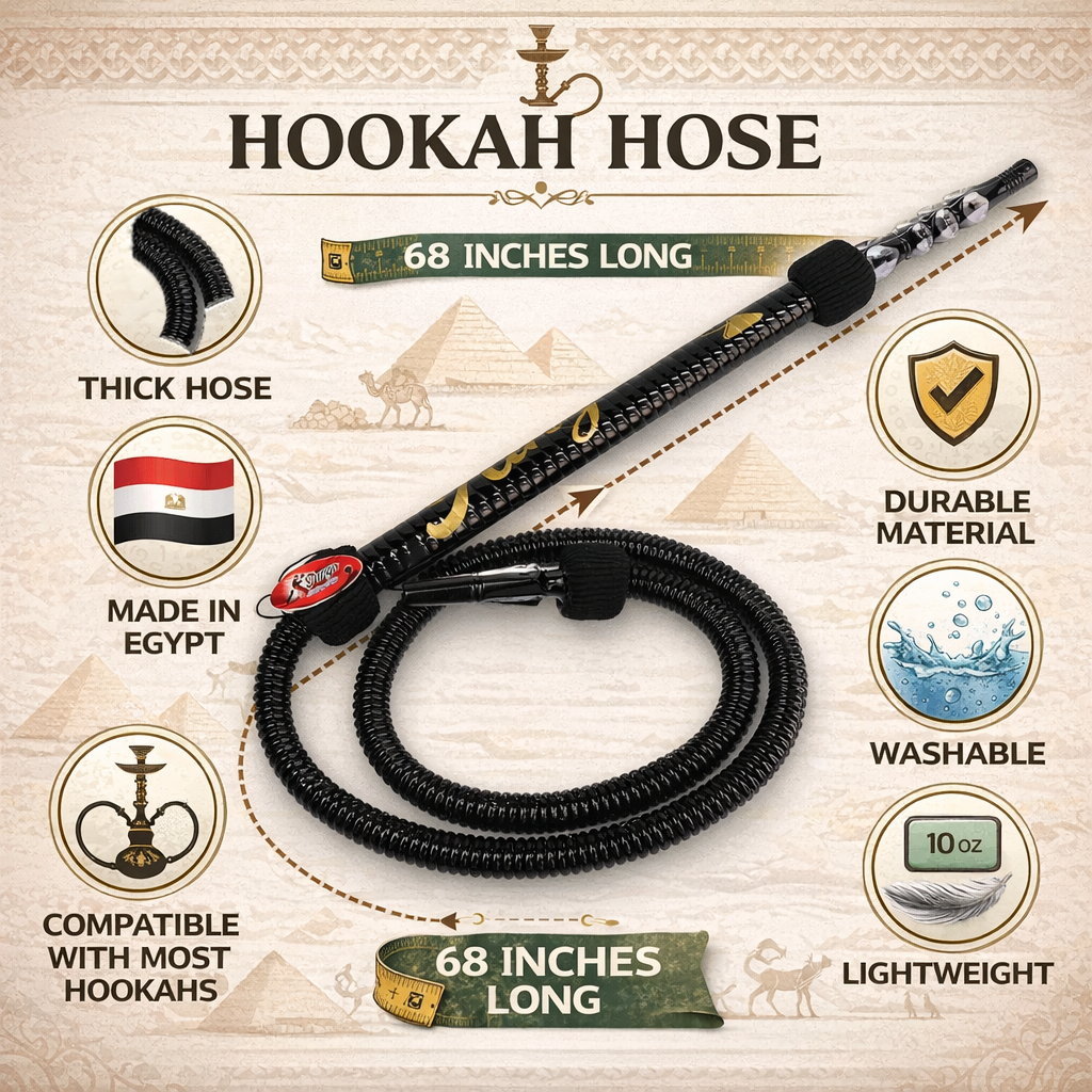 Hookah hose with features listed on a decorative background