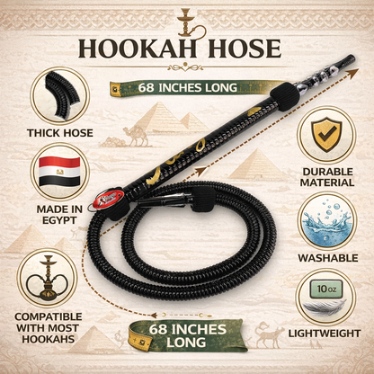 Hookah hose with features listed on a decorative background