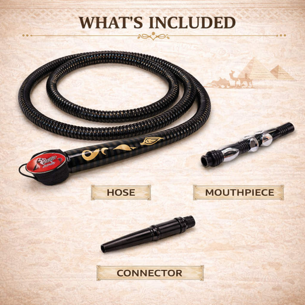 Bong components including hose, mouthpiece, and connector on a beige background with text &