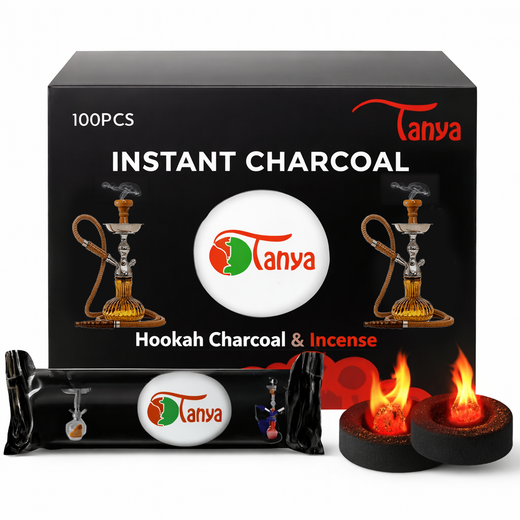 Tanya Instant Charcoal packaging with hookah graphics and Tanya logo.