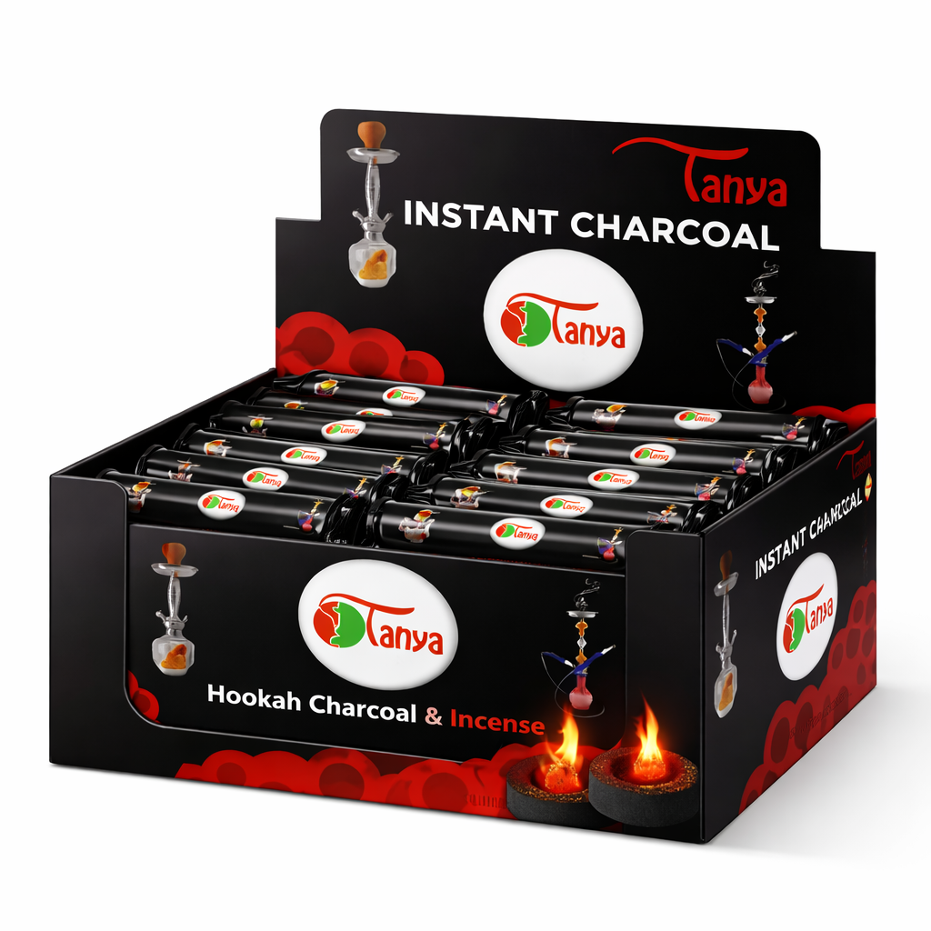 Display box of Tanya Instant Charcoal with hookah charcoal and incense branding.