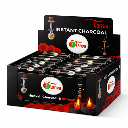 Display box of Tanya Instant Charcoal with hookah charcoal and incense branding.