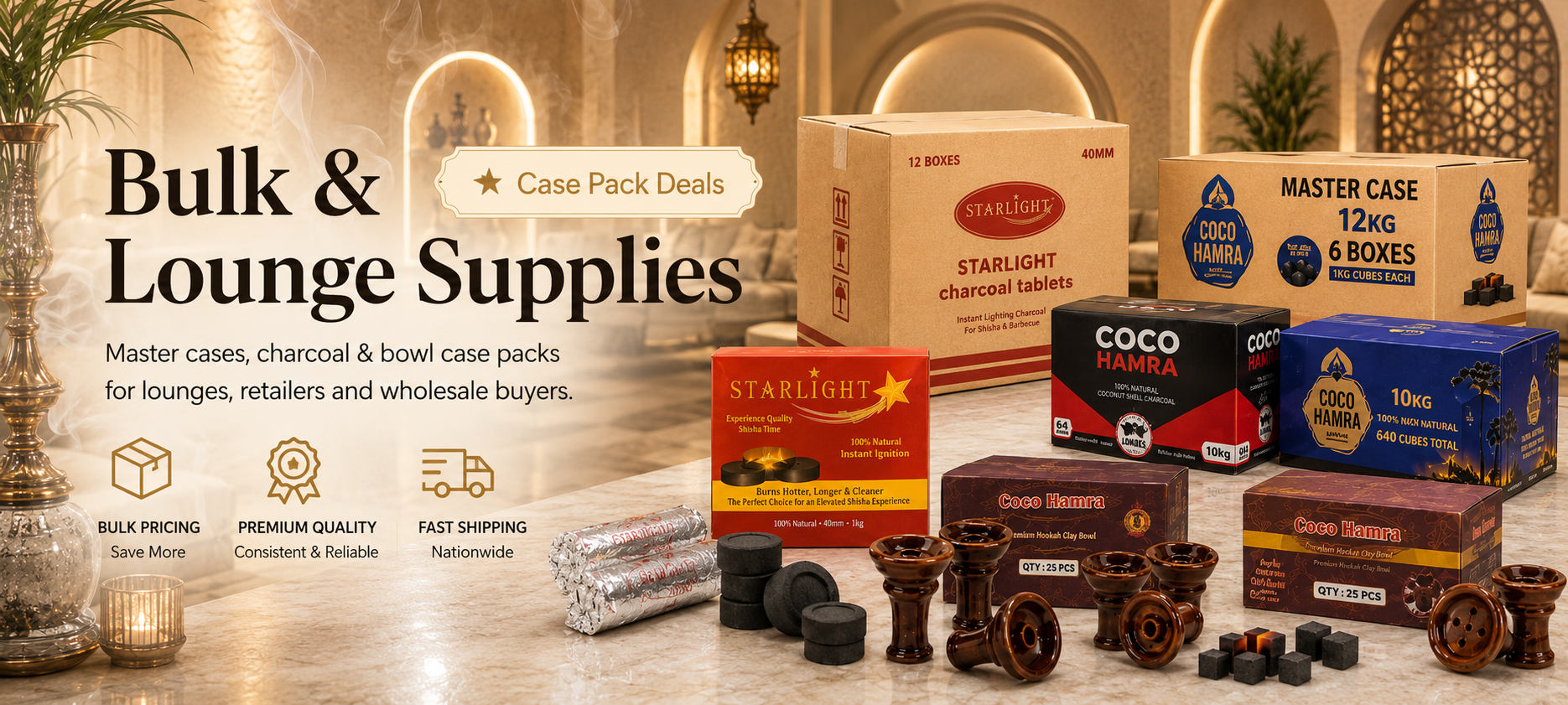 Promotional banner for bulk and lounge supplies, showing multiple branded product boxes and loose items arranged on a marble surface in a warmly lit interior. Visible products include Starlight charcoal tablets, Coco Hamra, and other boxed supplies, with large text reading 'Bulk & Lounge Supplies' and 'Case Pack Deals'.