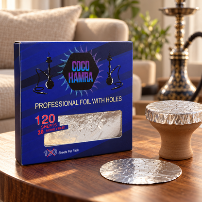 Coco Hamra 120-sheet foil pack in a lounge setting; bowl and hookah not included