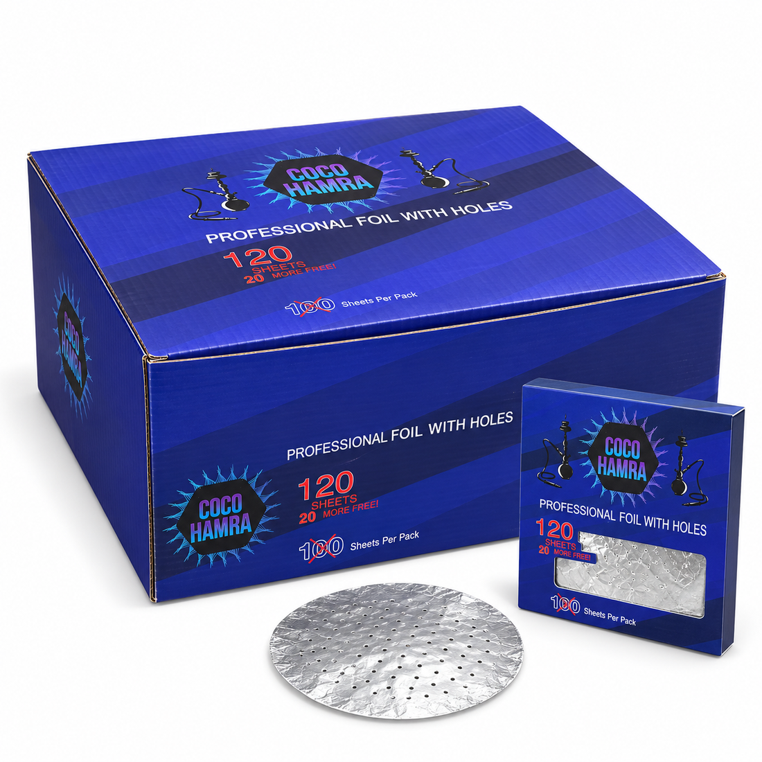 Coco Hamra blue master case with representative 120-sheet retail pack and foil sheet; 24 packs per case
