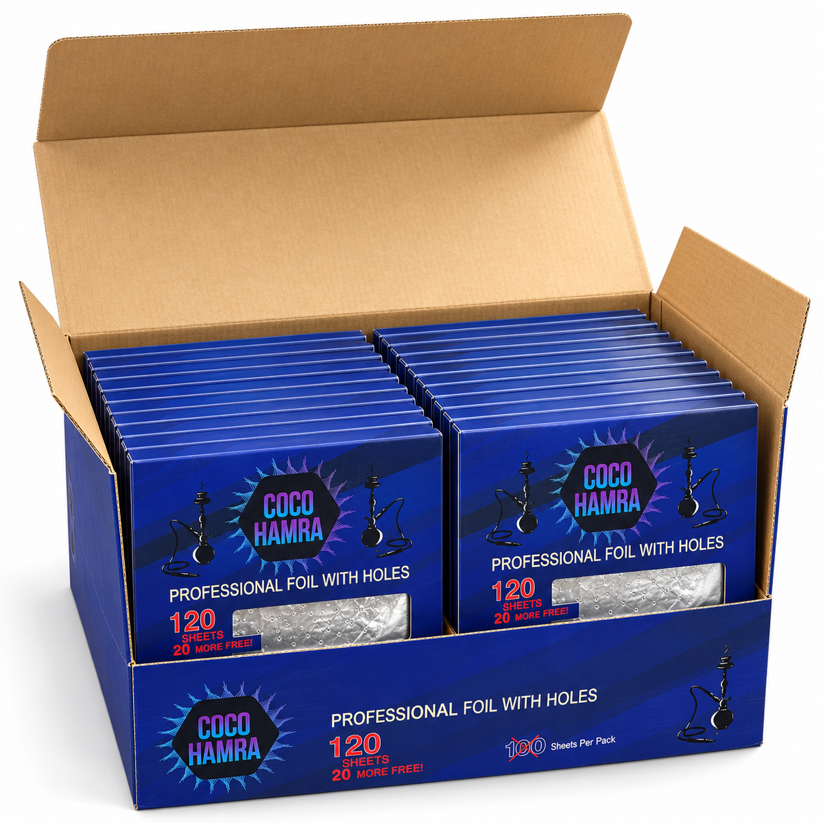 Open Coco Hamra blue master case displaying 120-sheet retail foil packs