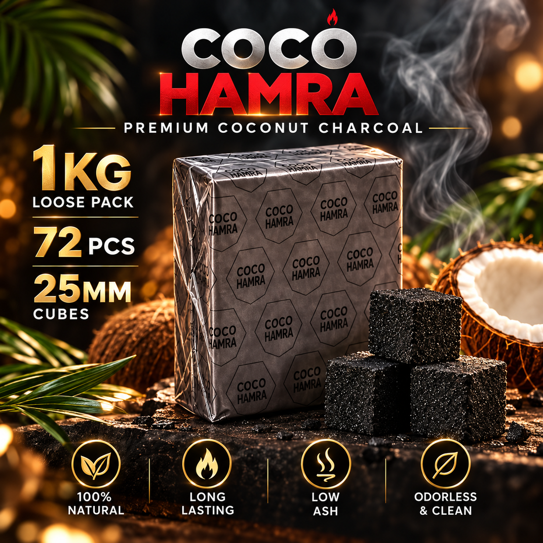 Premium product presentation of Coco Hamra 1kg loose pack of 72 natural coconut hookah charcoal cubes