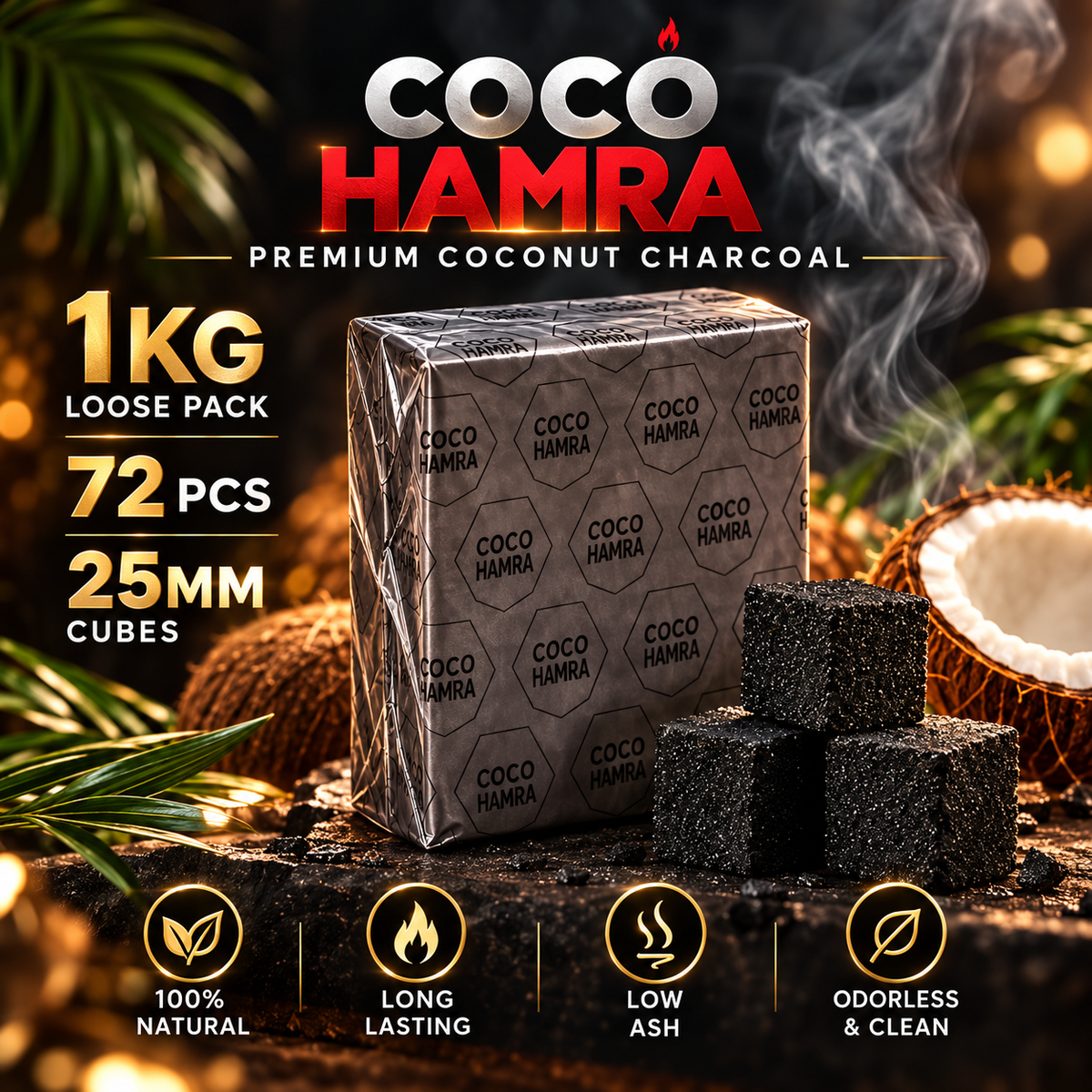 Premium product presentation of Coco Hamra 1kg loose pack of 72 natural coconut hookah charcoal cubes