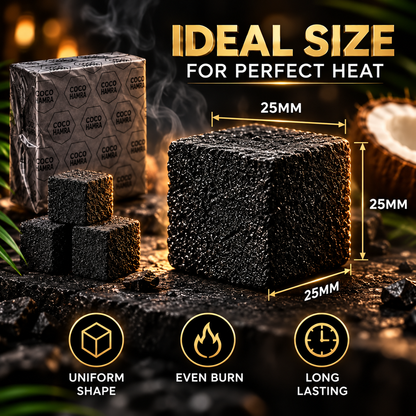 Coco Hamra natural charcoal cube dimensions showing the 25mm hookah coal size
