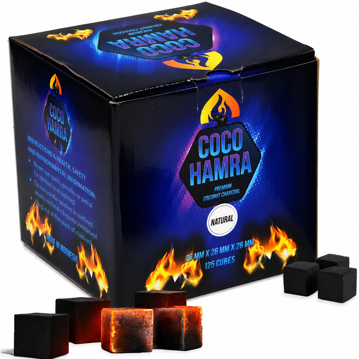 A box of Coco Hamra premium coconut charcoal cubes, shown with several of the dark charcoal cubes placed in front of the packaging on a white background.
