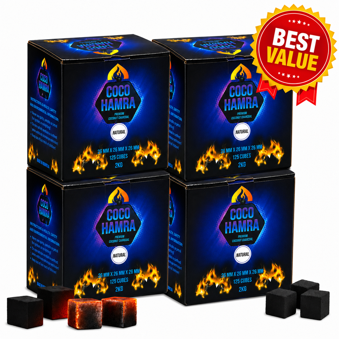 Four boxes of Coco Hamra natural coconut charcoal tobacco cubes arranged in a 2x2 stack on a white background, with several black tobacco cubes and one lit cube placed in front. A red and yellow 'Best Value' badge is in the top right corner.