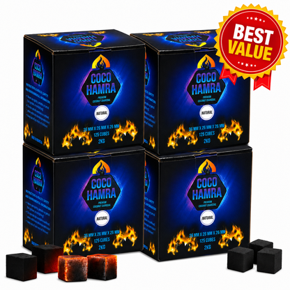 Four boxes of Coco Hamra natural coconut charcoal tobacco cubes arranged in a 2x2 stack on a white background, with several black tobacco cubes and one lit cube placed in front. A red and yellow &
