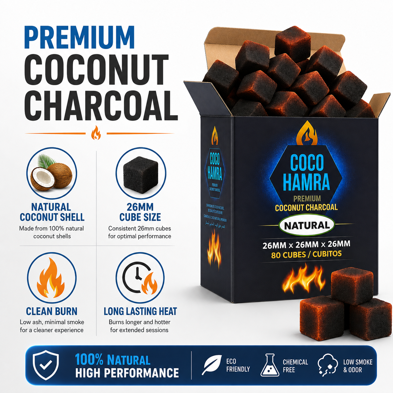 Coco Hamra Coconut Hookah Charcoal 26mm Cubes – 80 Natural Coals