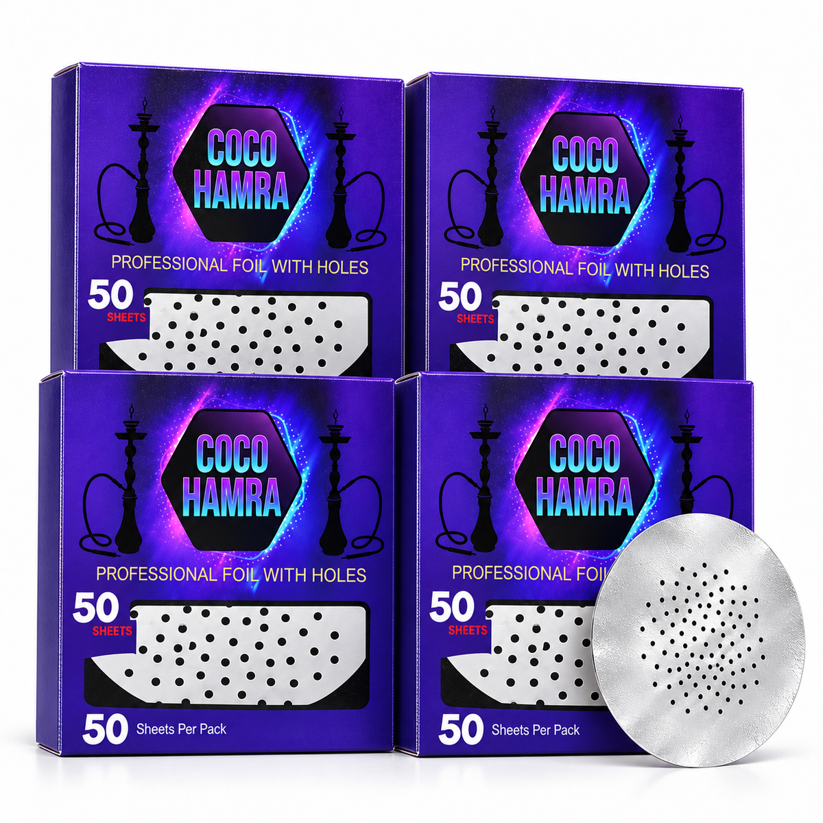 Four Coco Hamra 50-sheet hookah foil packs, 200 sheets total